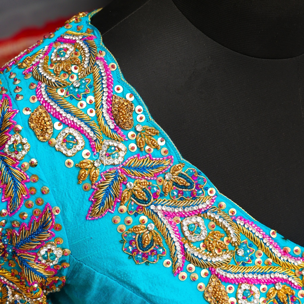 Blue and pink sequin bridal blouse