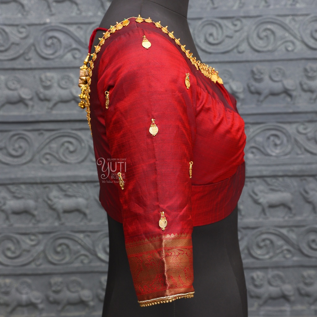Aari Work Blouse Designs in Orangish Red