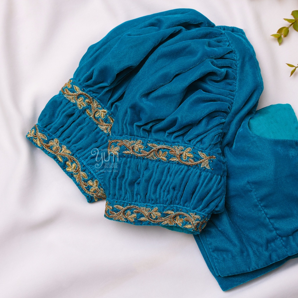 Velvet Skyblue Aari Work Blouse Designs