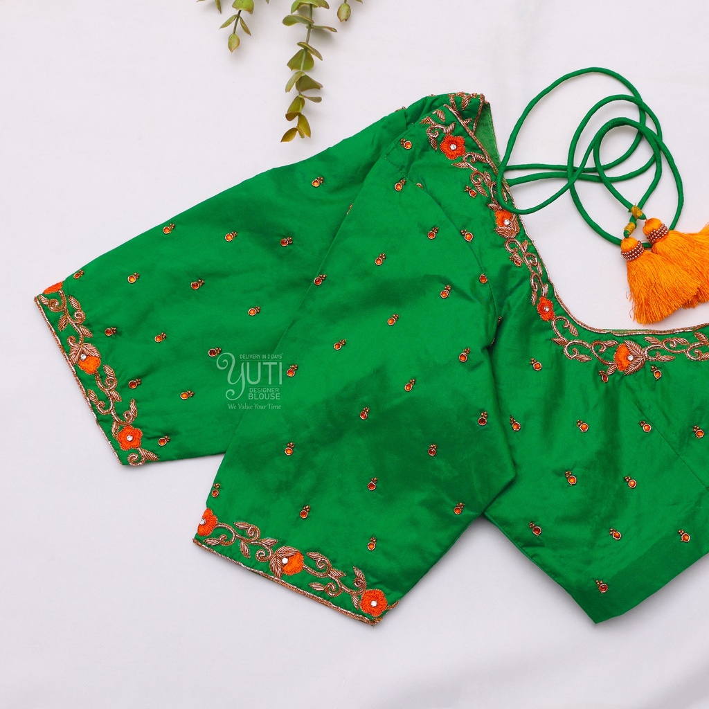 Green Open Neck Aari Work blouse
