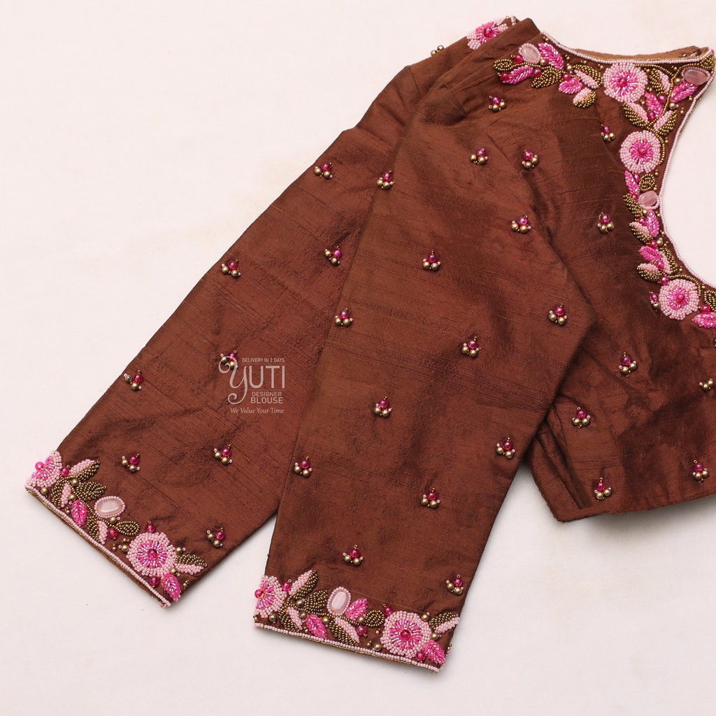 Embroidered Cotton Silk Blouse in Dark |  SIZE 38 (adjustable up to 34 - 40)