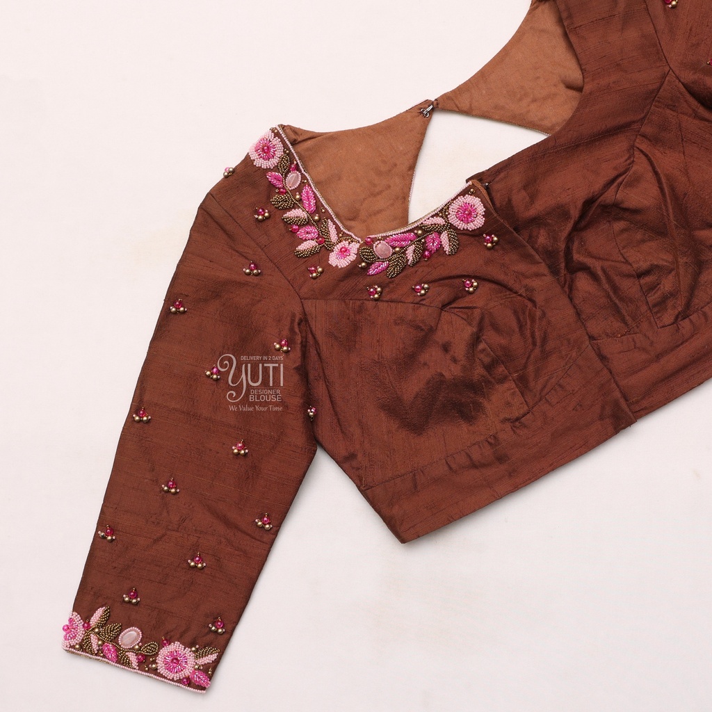 Embroidered Cotton Silk Blouse in Dark |  SIZE 38 (adjustable up to 34 - 40)