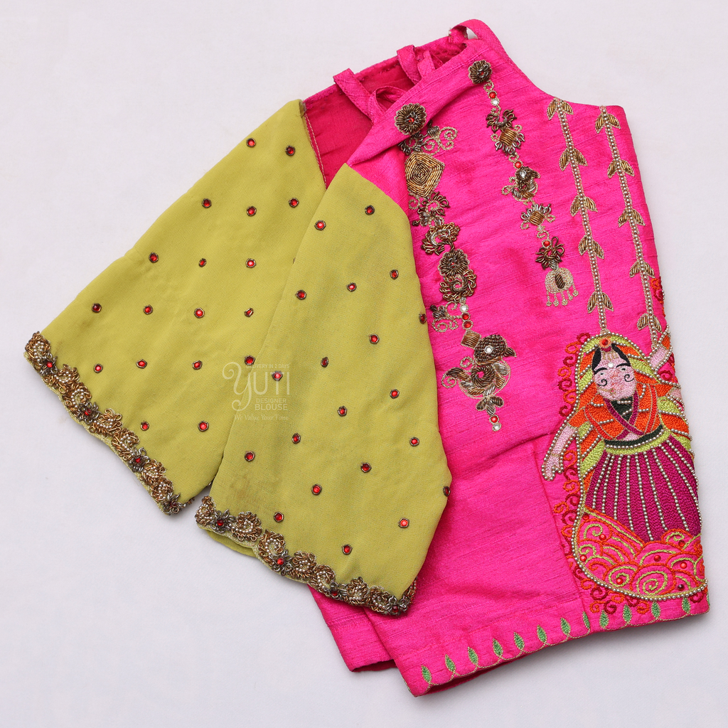 Pink With Green Shade Bridal Blouse | SIZE 36(adjustable up to 32- 38)