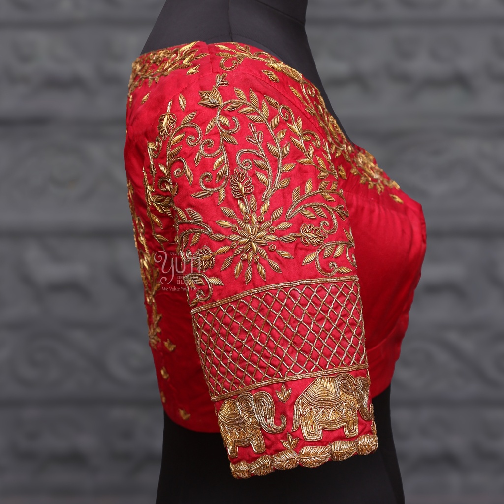 Red princess cut blouse with triangle shape back neck designs |