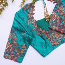 Bridal Green Aari Work Blouse With Pink & Golden Designs|SIZE 32(adjustable up to 28 - 34)
