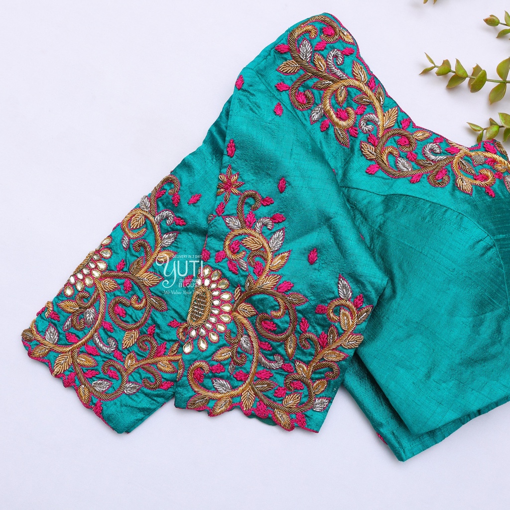 Bridal Green Aari Work Blouse With Pink & Golden Designs|SIZE 32(adjustable up to 28 - 34)