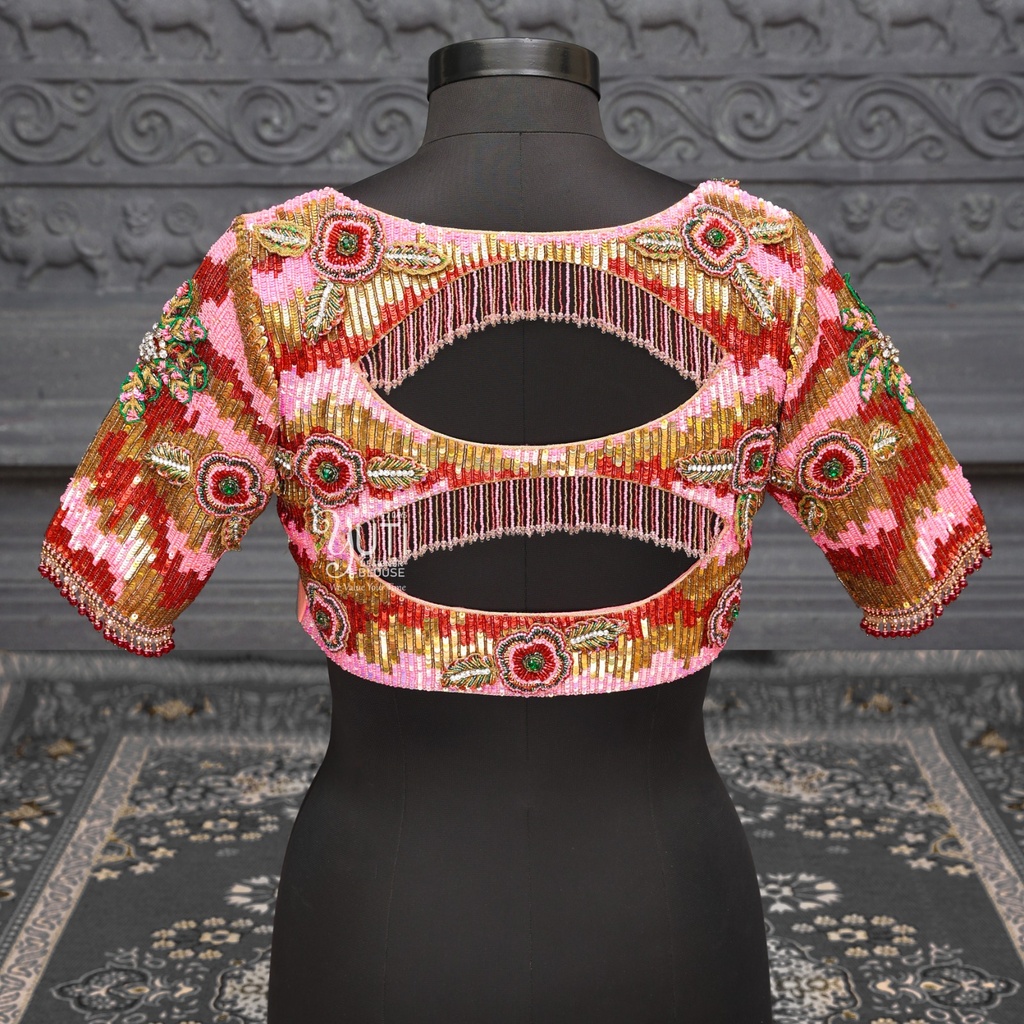 Pink and Red bridal blouse with a beautiful flower pattern.