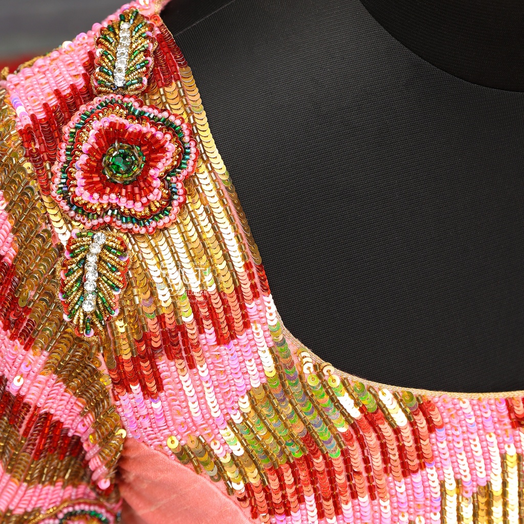 Pink and Red bridal blouse with a beautiful flower pattern.