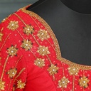 open neck traditional Red blouse adorned with exquisite golden embroidery