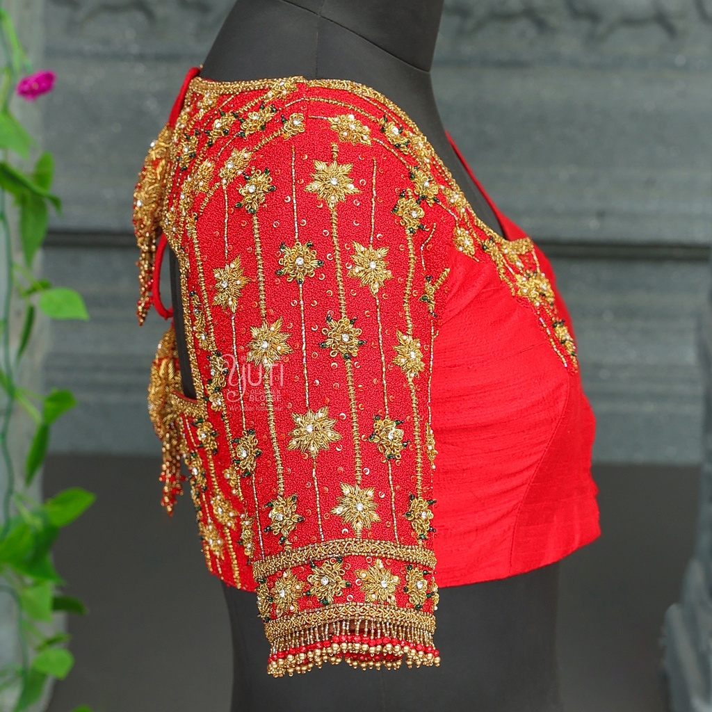 open neck traditional Red blouse adorned with exquisite golden embroidery