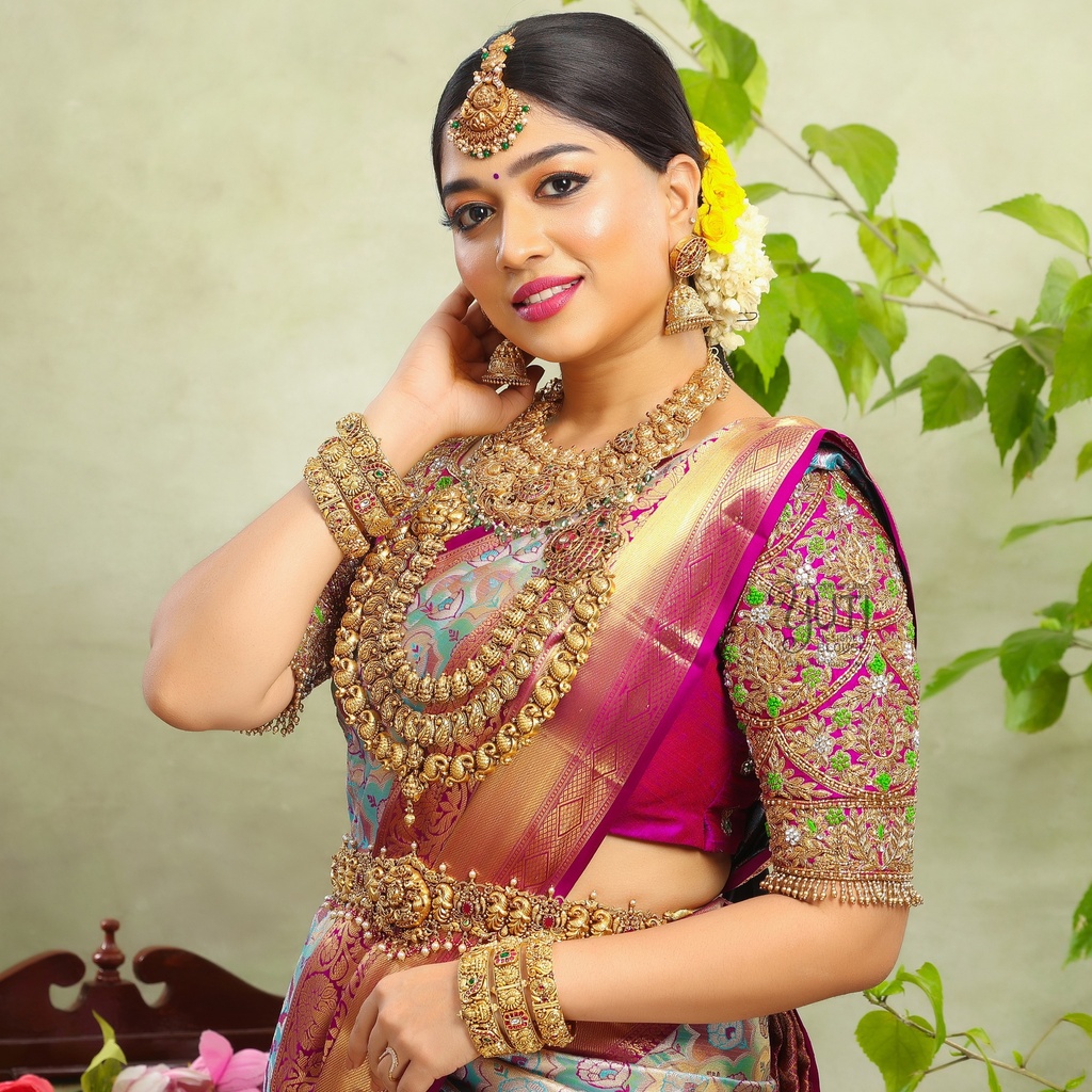 Perfect open neck pink embroidery bridal blouse