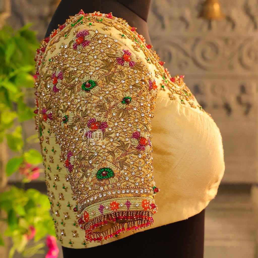Elevate your bridal ensemble with Sandel's open net back embroidery bridal blouse