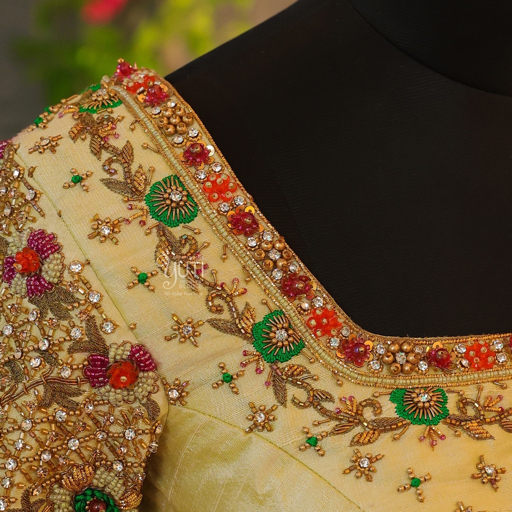 Elevate your bridal ensemble with Sandel's open net back embroidery bridal blouse