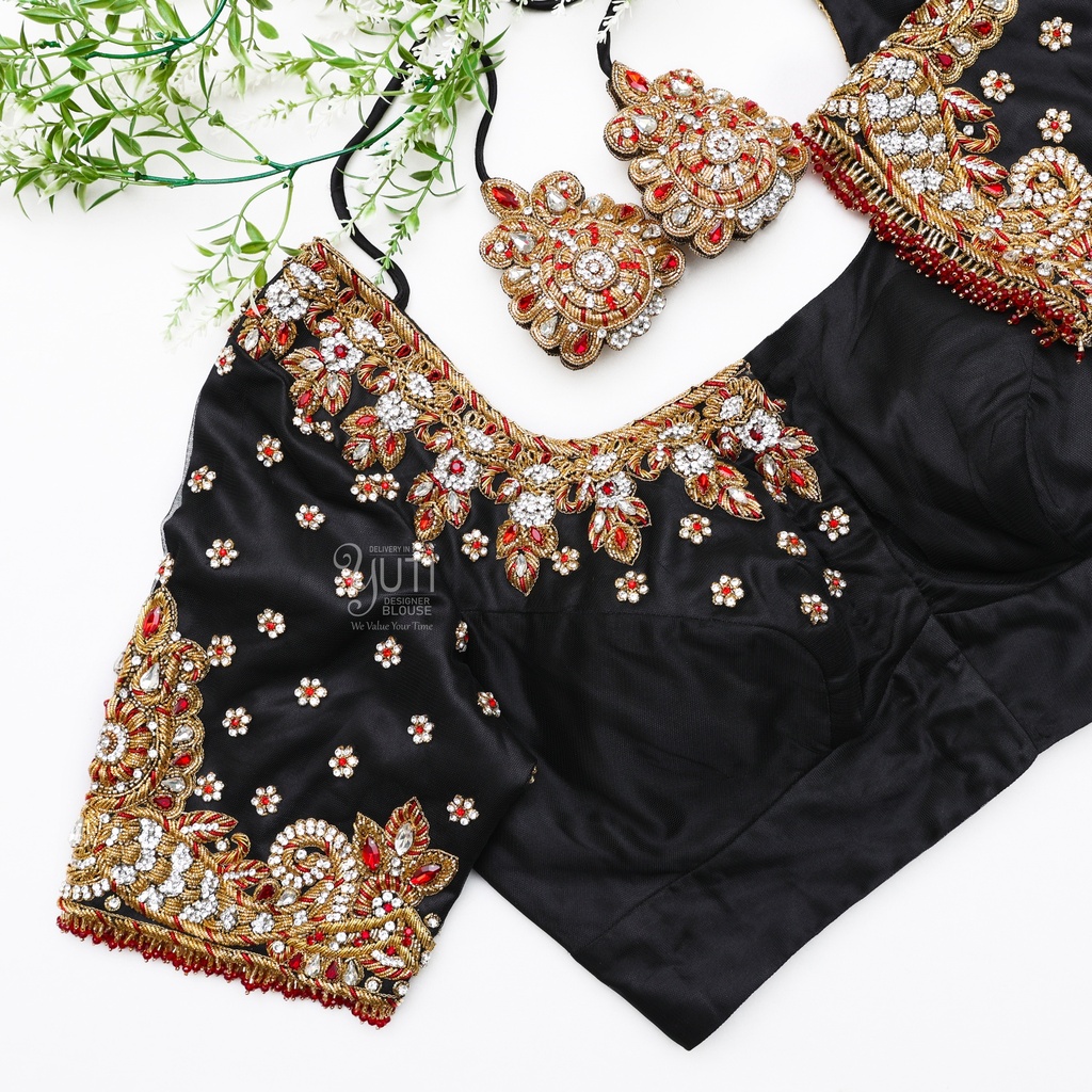 Elegance of black bridal blouses with gold and silver embroidery