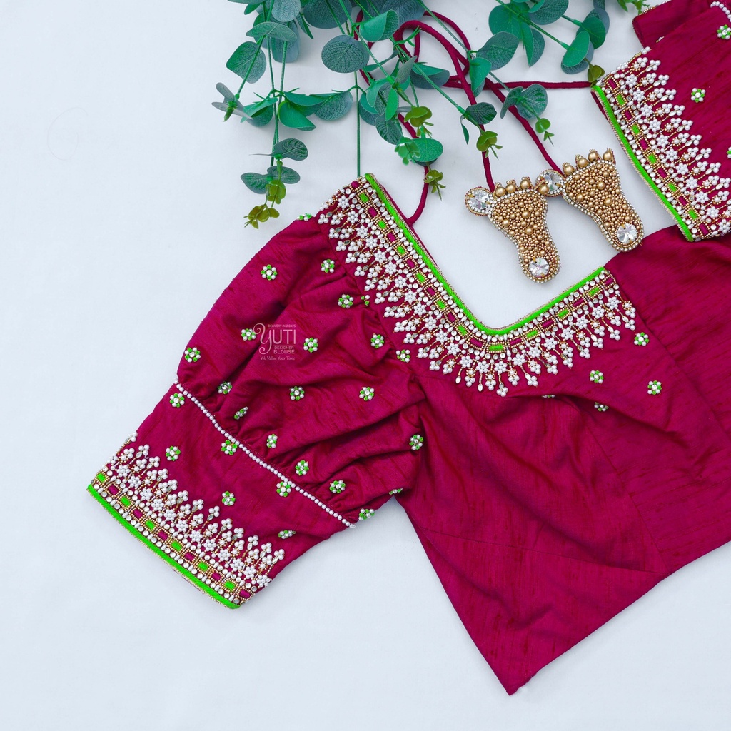 "Feeling powerful and stylish in my new purple red aari work blouse!