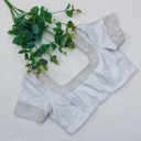 Adding a touch of elegant sophistication to this lace bodice with our new Metallic Silver embroidery.