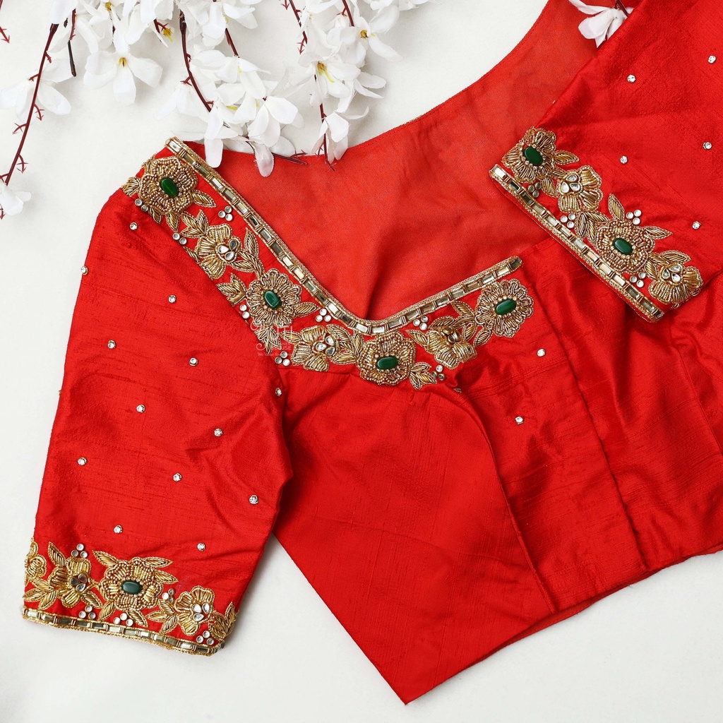 Exquisite open neck bridal blouses with stunning orange color embroidery