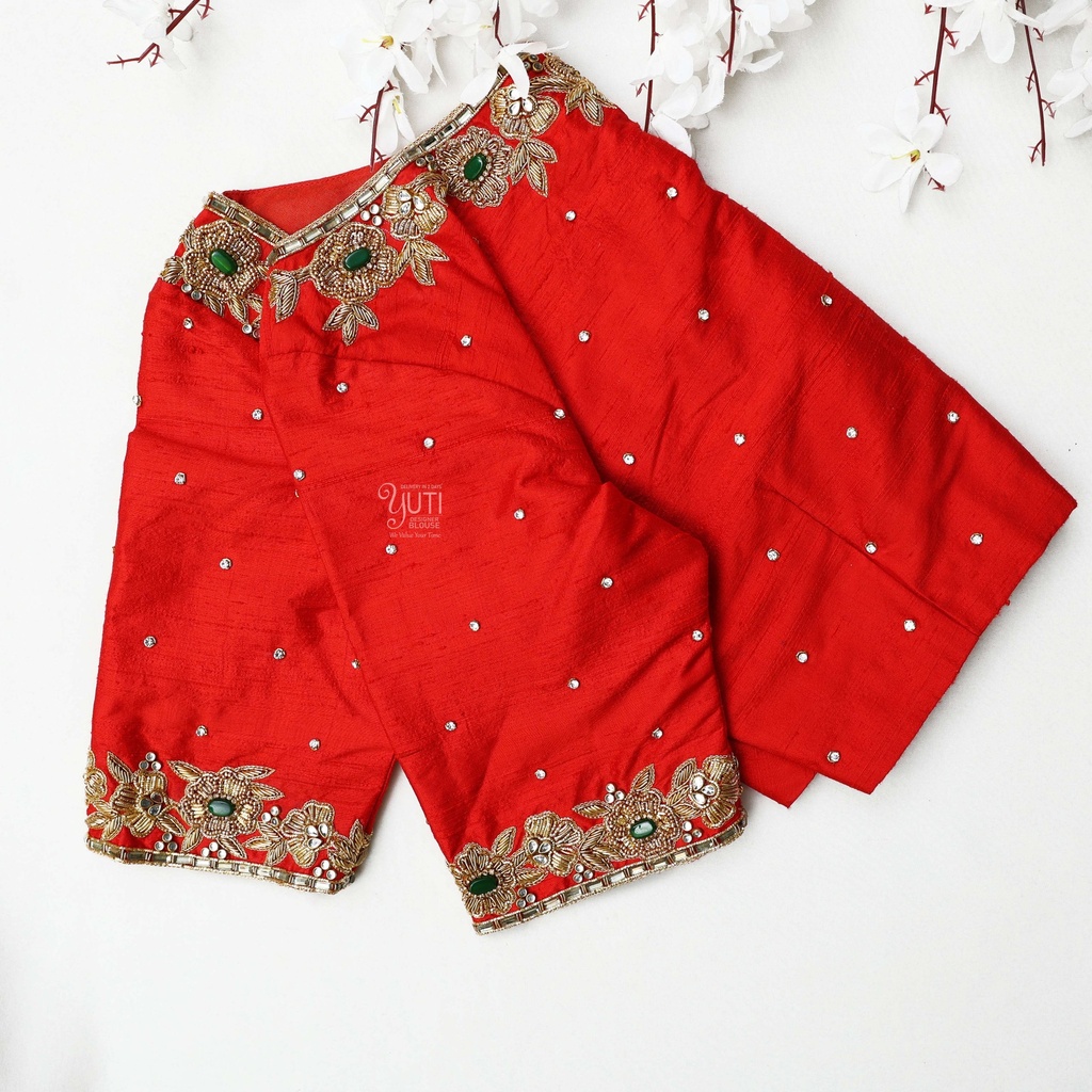 Exquisite open neck bridal blouses with stunning orange color embroidery