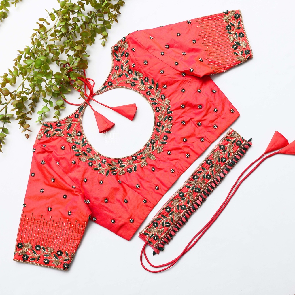 featuring stunning orange and pink shade color embroidery  bridal blouse