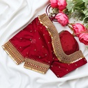 stunning red bridal blouse designs with intricate gold embroidery