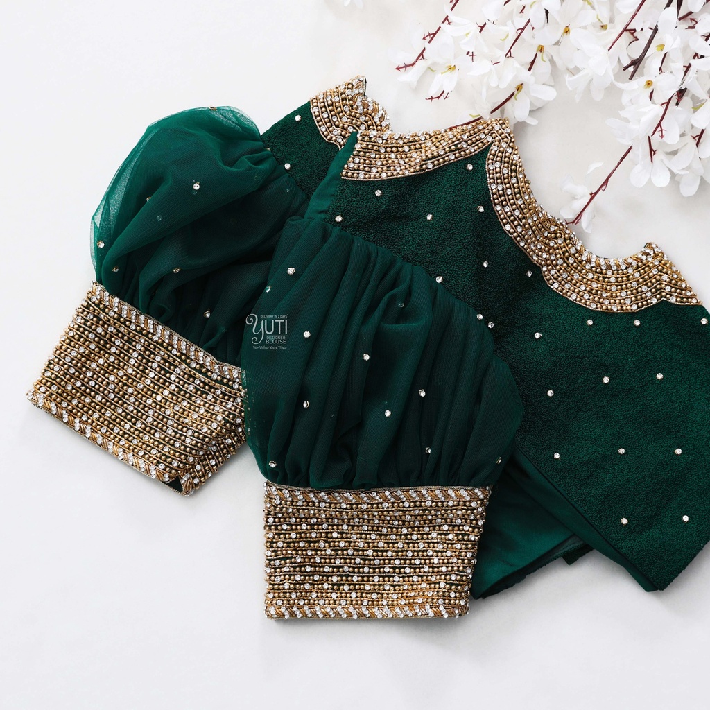 The perfect dark green bridal blouse with exquisite golden embroidery