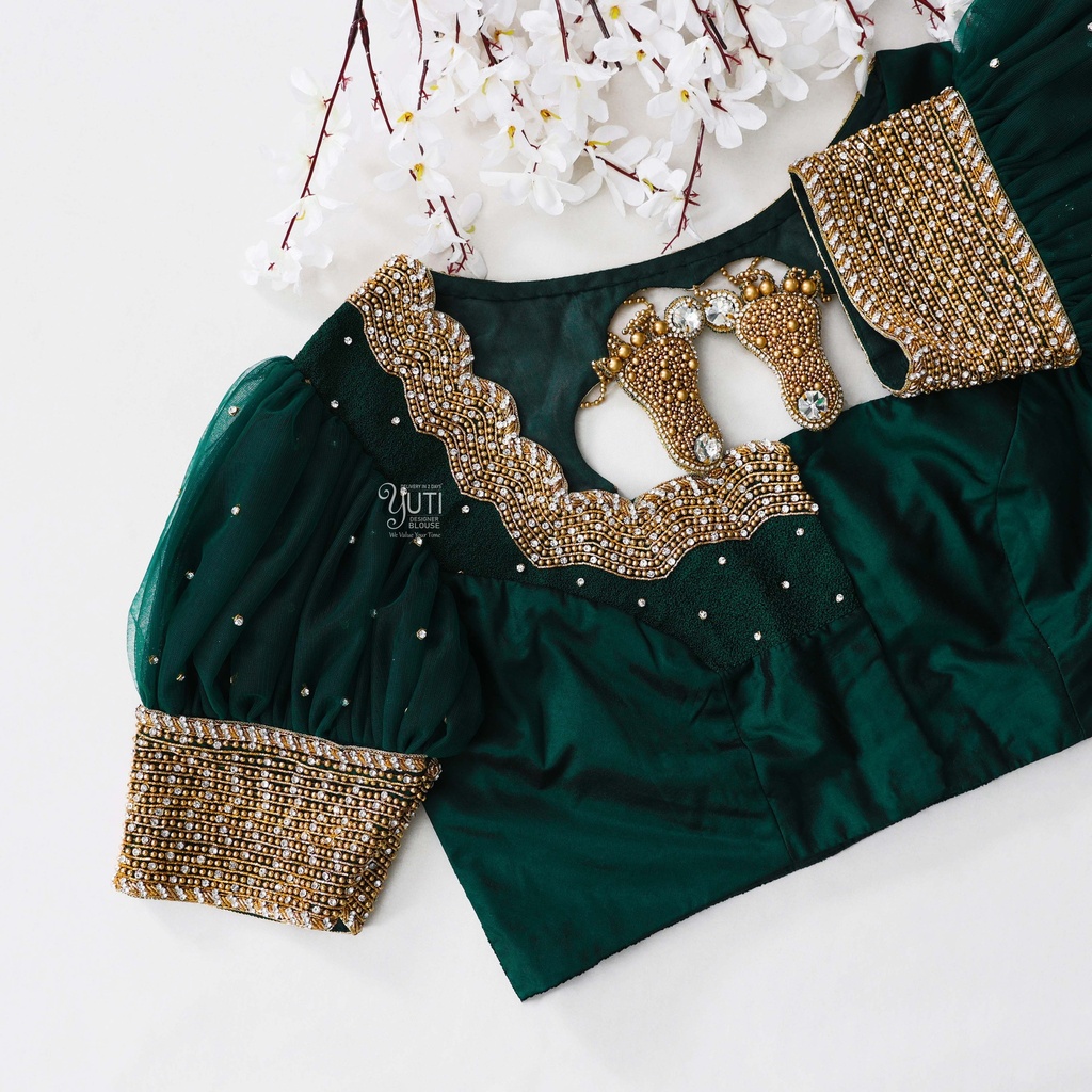 The perfect dark green bridal blouse with exquisite golden embroidery