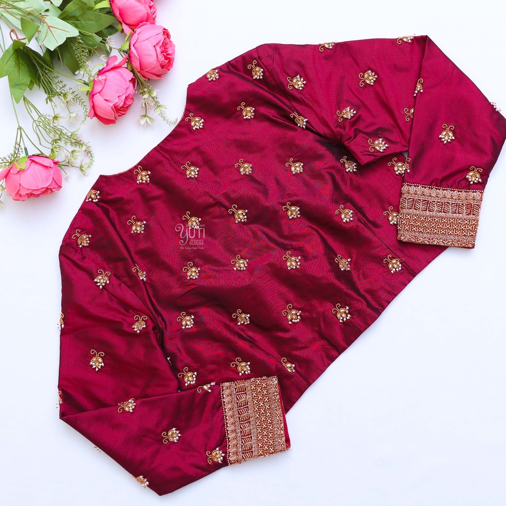 wine red embroidery blouse.