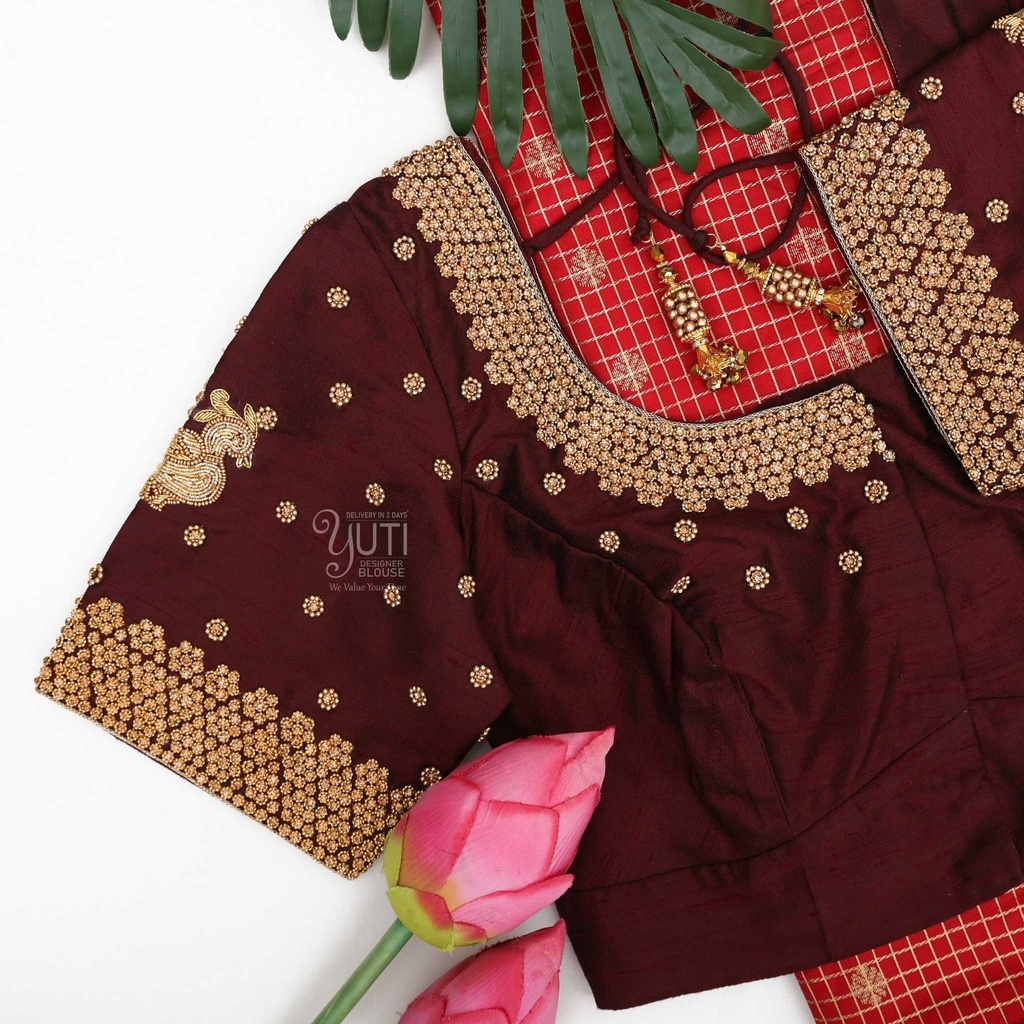 Dark brown peacock motif bridal blouse