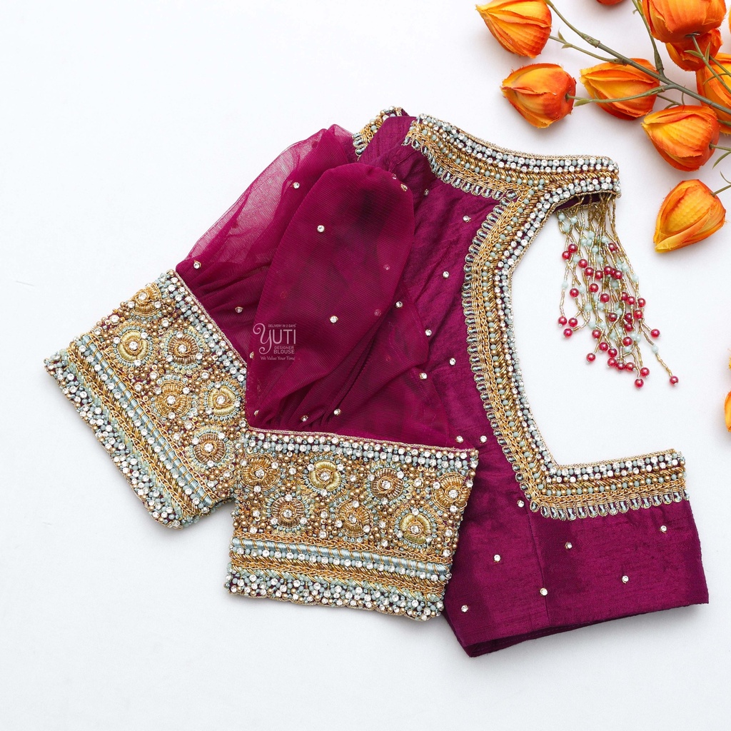 Exquisite Dark Raspberry Aari Bridal Blouse: