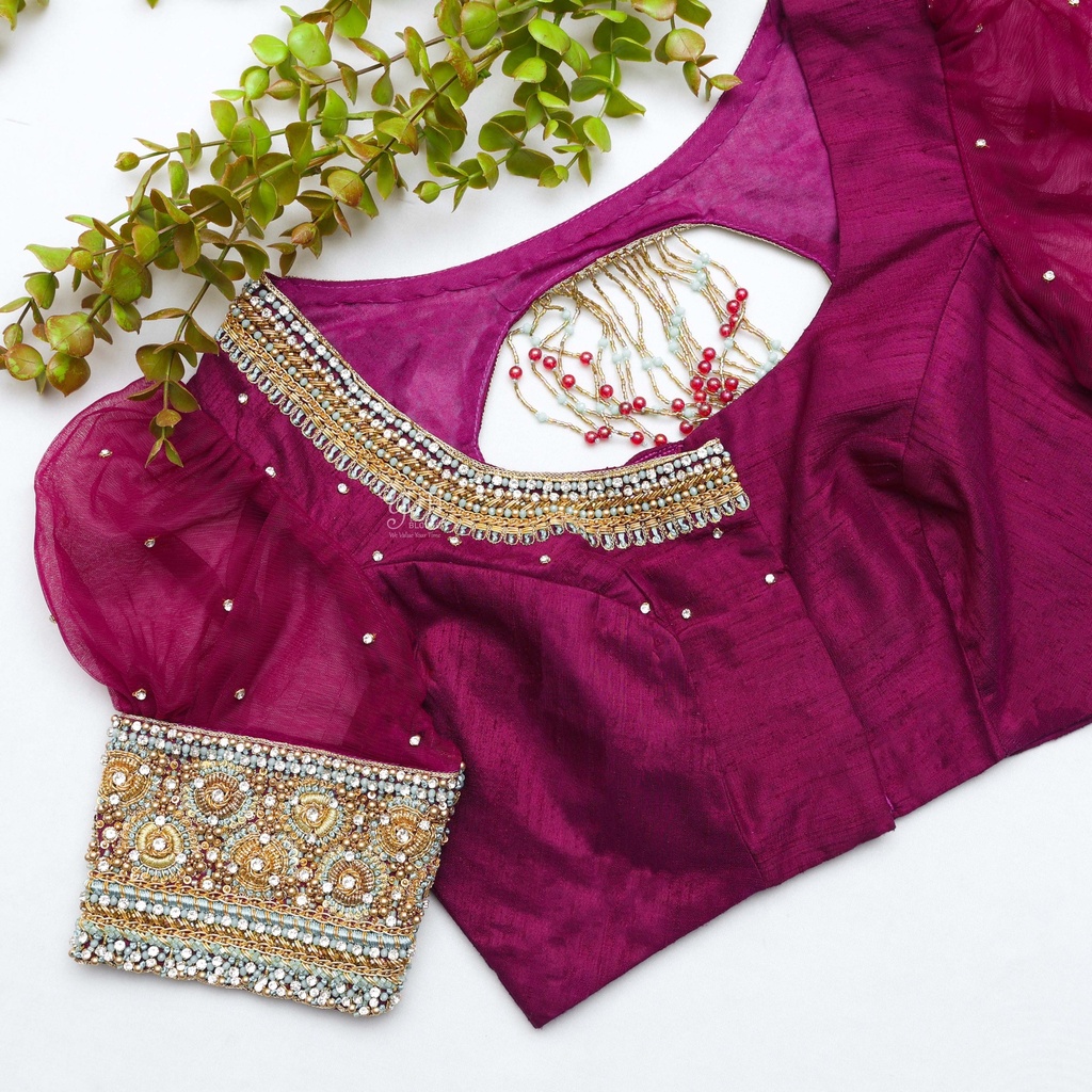 Exquisite Dark Raspberry Aari Bridal Blouse: