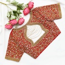 Festive red blouse embellished with gold sequins and lovely flowers.