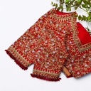 Stunning red blouse adorned with a mesmerizing red and gold pattern.
