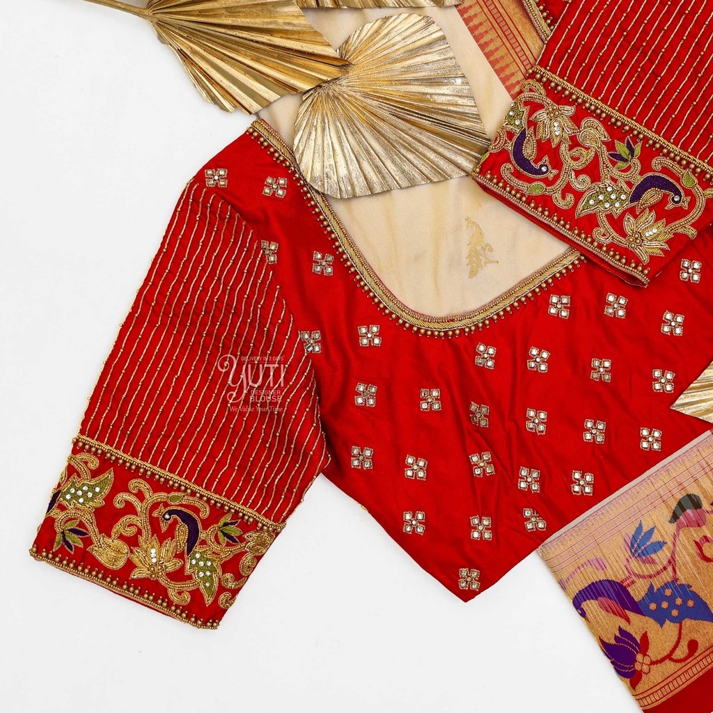 Red blouse with peacock and vertical line