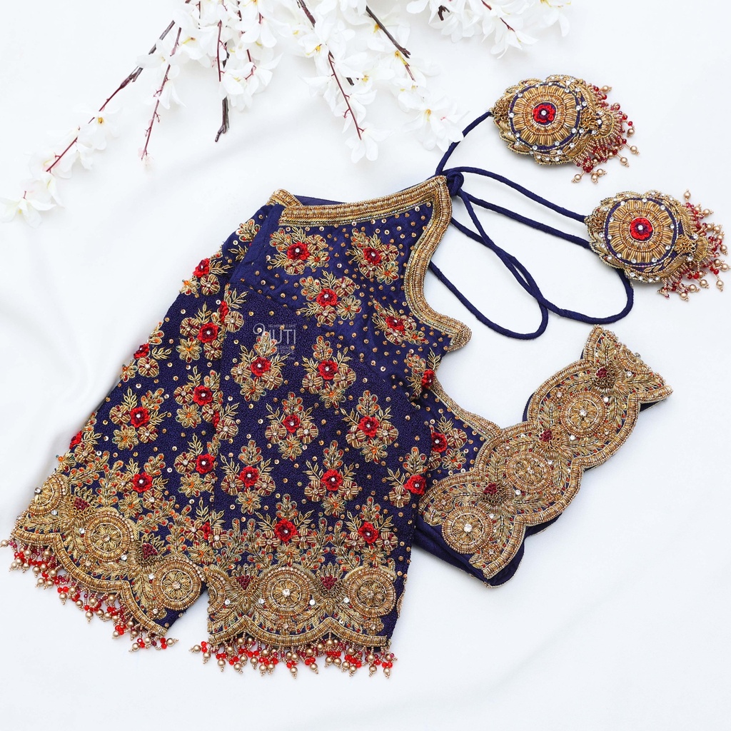 Simply blooming Navy blue blouse with golden Embroidery Designs