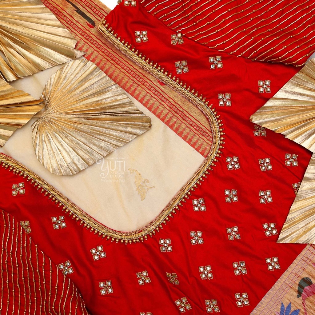 Red blouse with peacock and vertical line