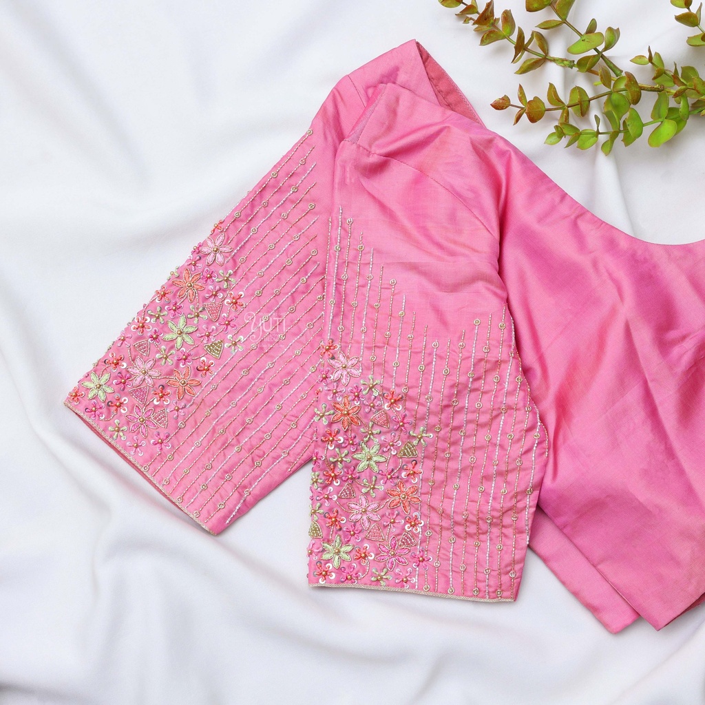 Blushing bride in this stunning pastel magenta bridal blouse