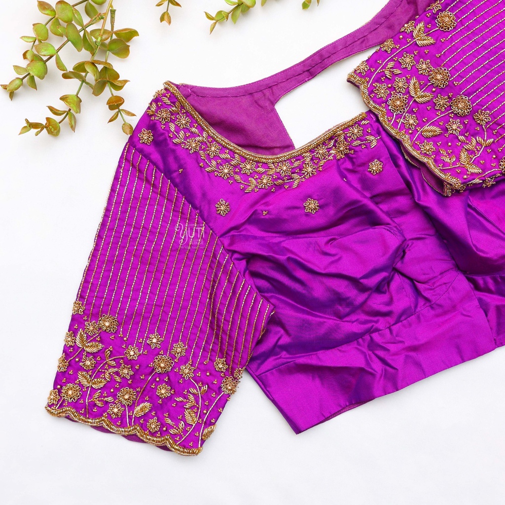 Purple blouse with gold thread work