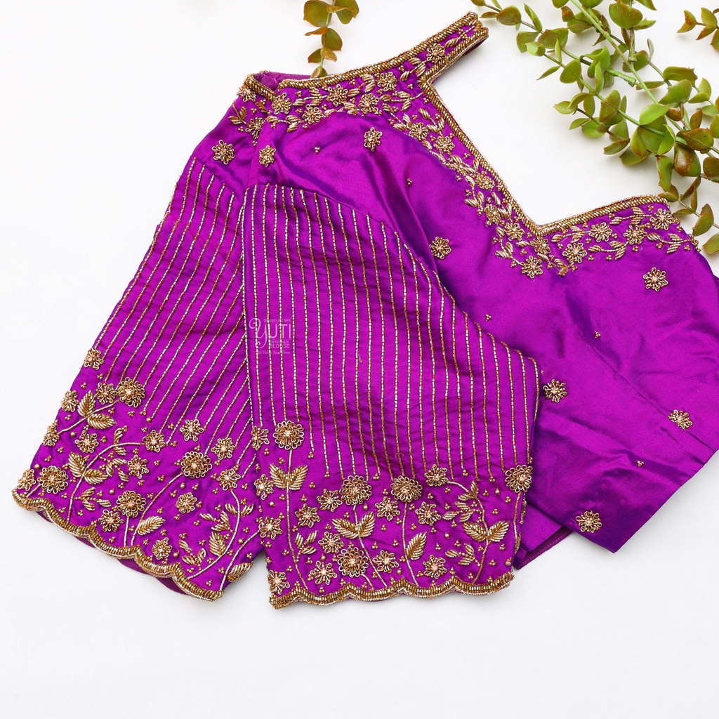 Purple blouse with gold thread work