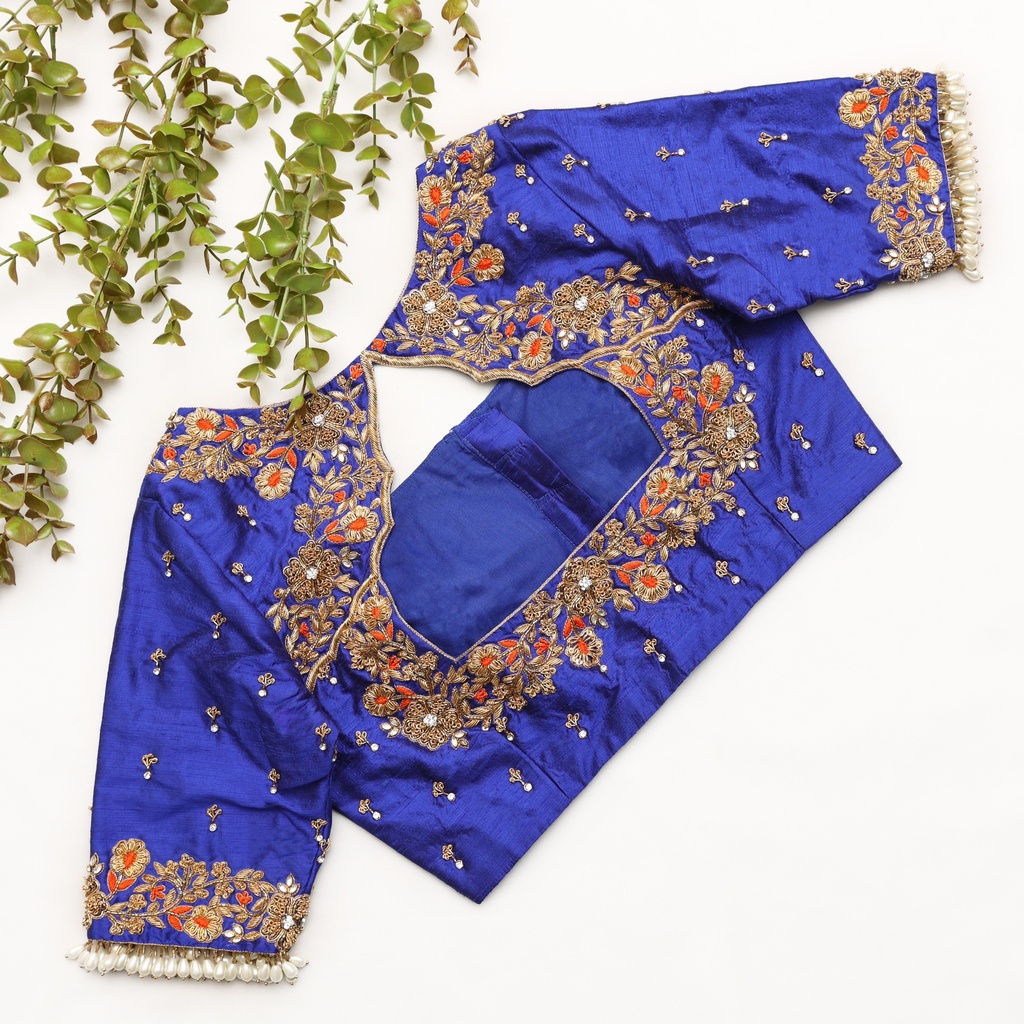 Blue color embroidery bridal blouse