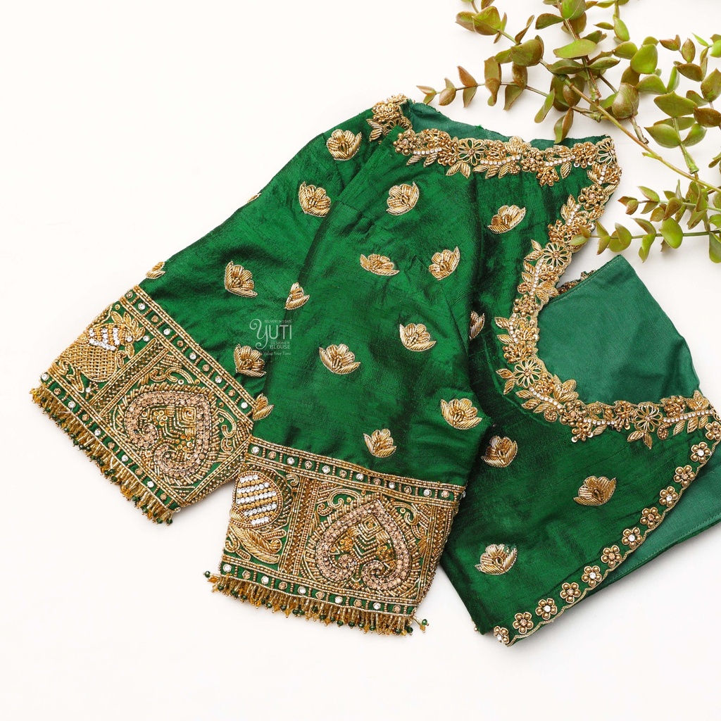Bridal green blouse with gold embroidery