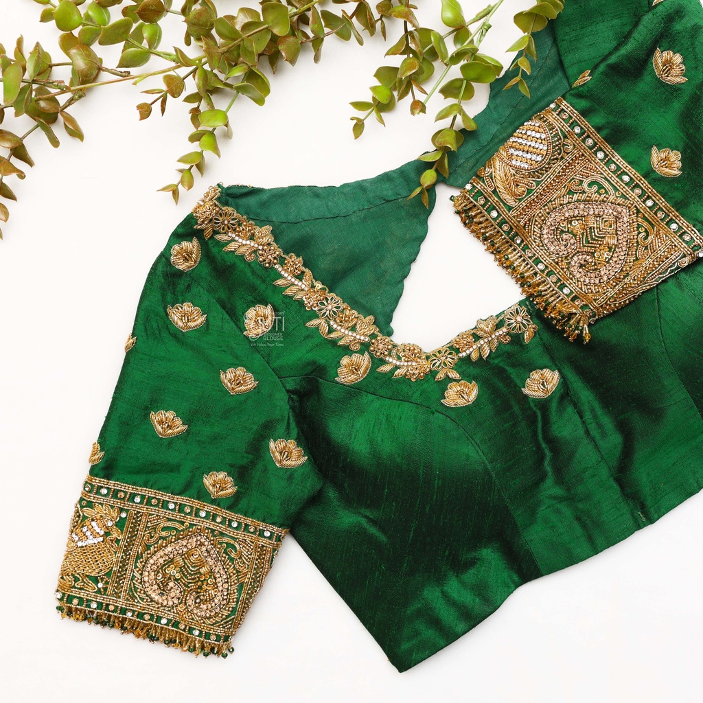 Bridal green blouse with gold embroidery