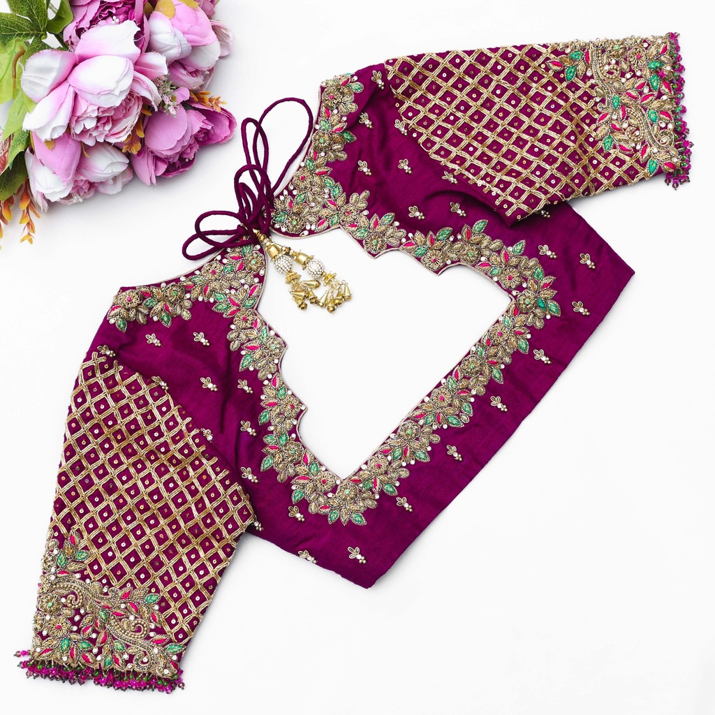 Purple Red  embroidery bridal blouse