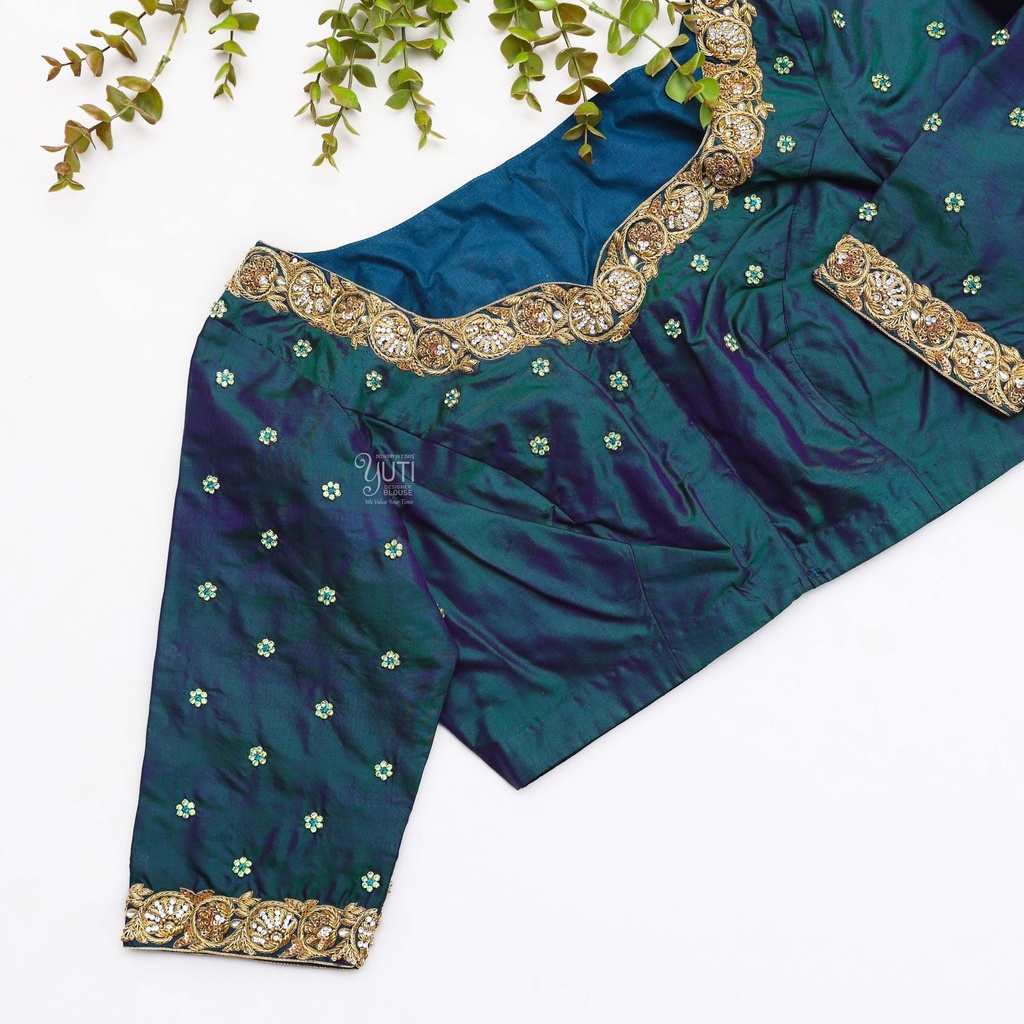 Dark Grey Blue hand embroidery bridal blouse