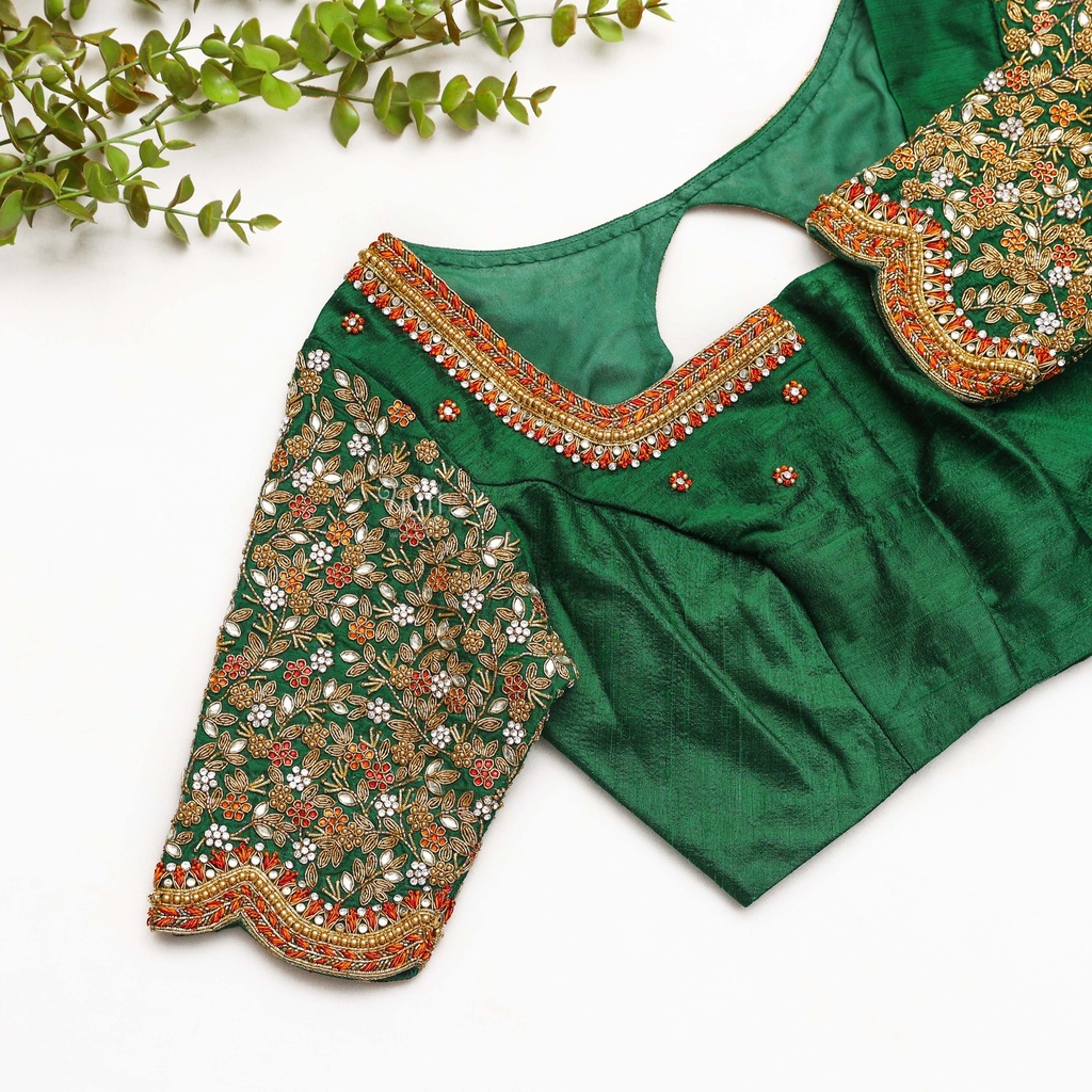 Green  hand embroidery bridal blouse