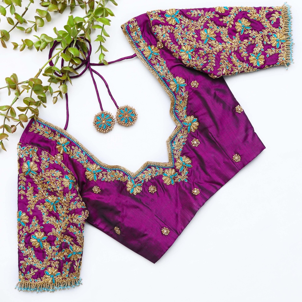 Purple hand embroidery bridal blouse