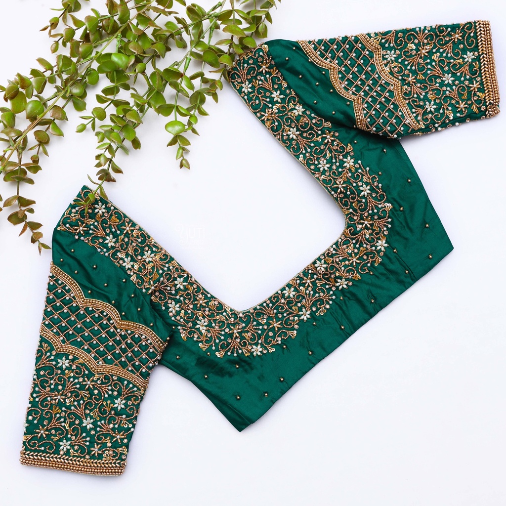 Deep Sea Green hand embroidery bridal blouse