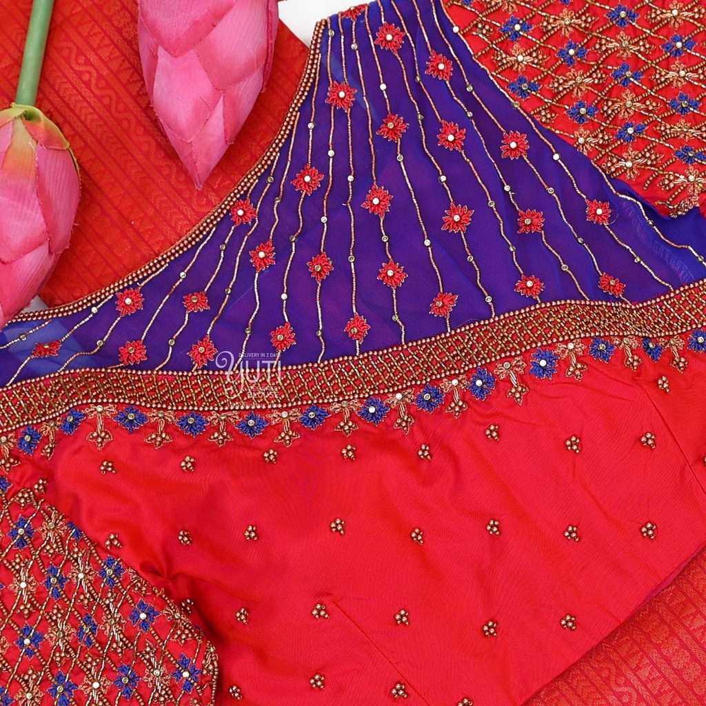 Red checked floral bridal blouse