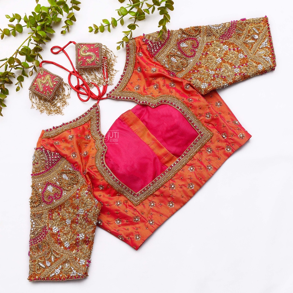 Orange color embroidery bridal blouse