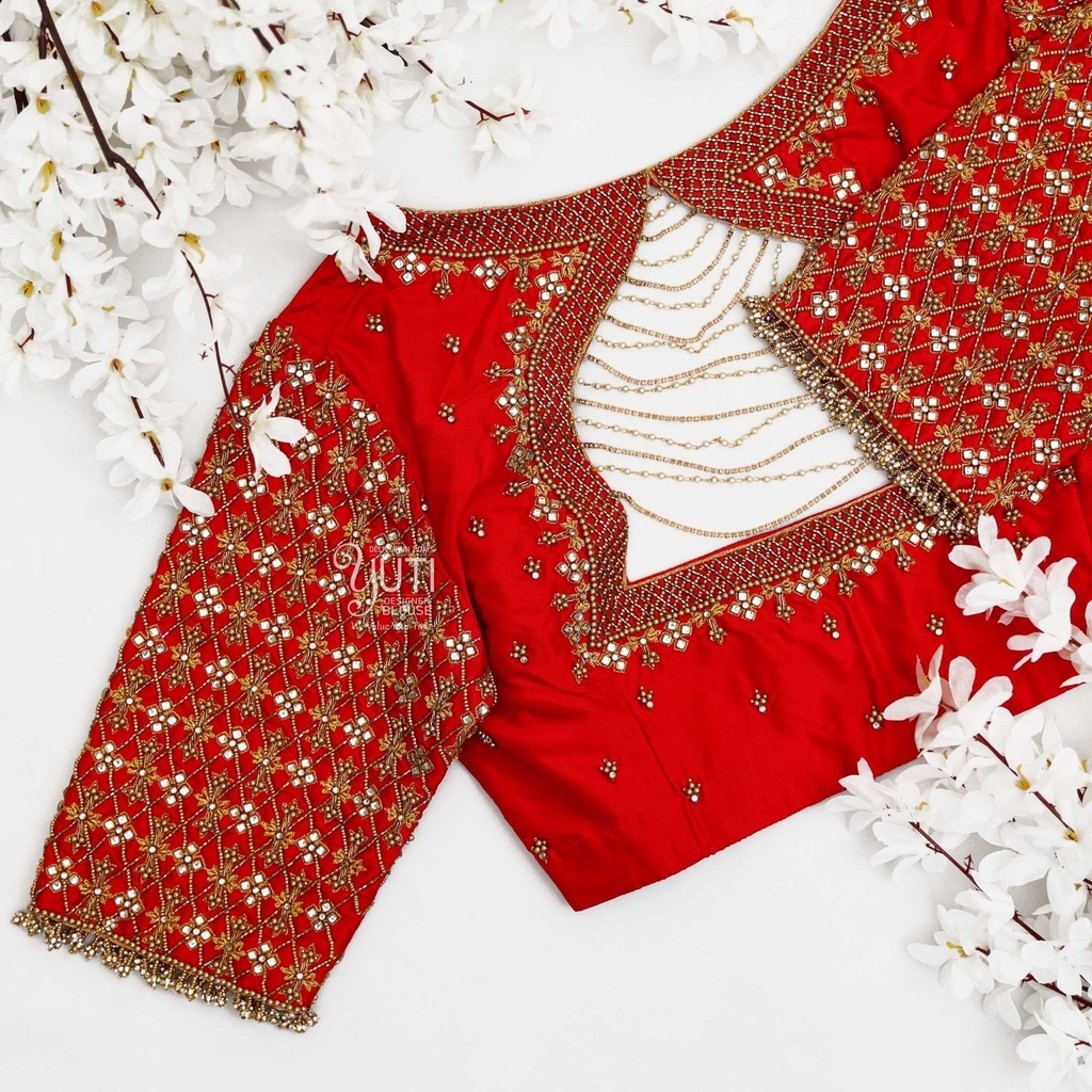 Red checked floral bridal blouse