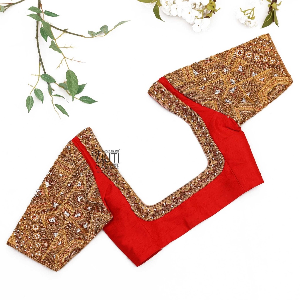 Red blouse with geometrical design